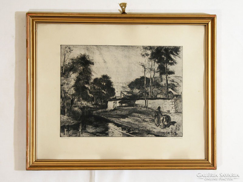 The end of the village of Zoltán Nagy 44x54cm etching engraving village stream washers washing