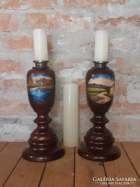 Pair of old candle holders decorated with hand paint