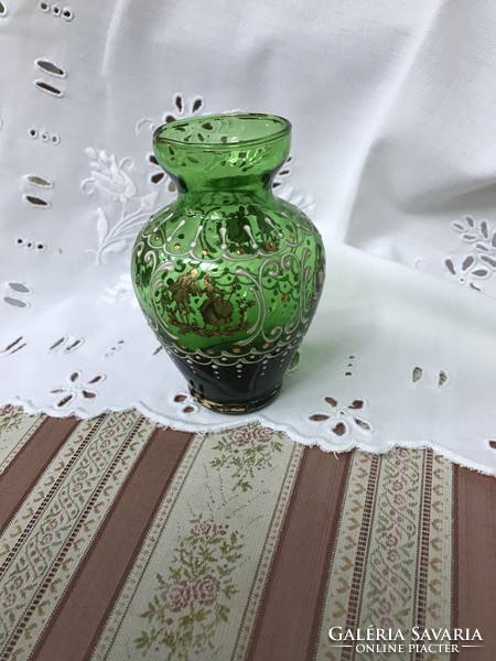 Enamel painted, gilded green small vase 10.5 cm high