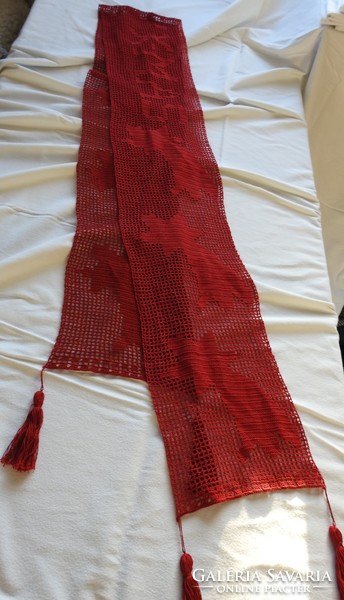 Red big scarf with fringed ends crocheted with stars with the inscription Marry- xmas