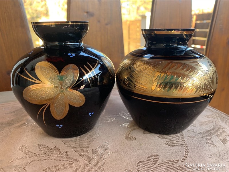 Black retro glass vase painted with gold, 2 pcs. Together or apart