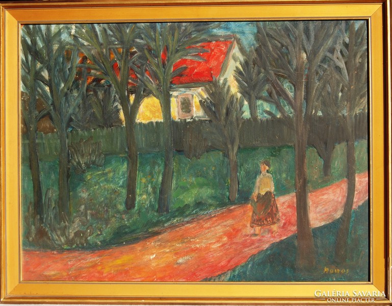 Joseph Monos (1932-2013): yellow house with red roof - gallery painting, framed