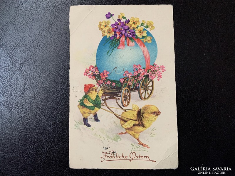 Easter card 1934. Chick, cart, eggs, flowers