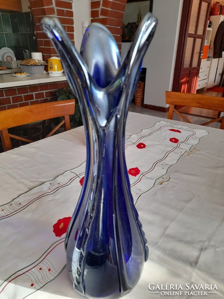 Cseh Kézműves - Ezüst kék Üveg Váza