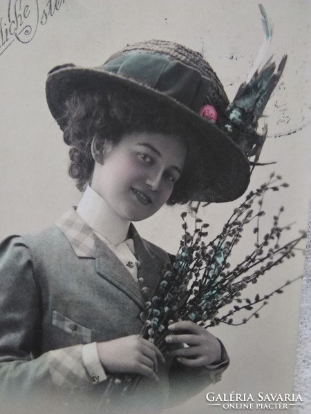 Antique tinted Easter photo / postcard with lady hat, catkin 1910
