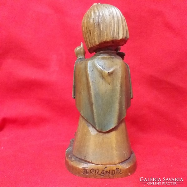 Régi Fa Kislány Nyuszikkal,Kézi Fafaragású Bájos Figura.Jelzett.