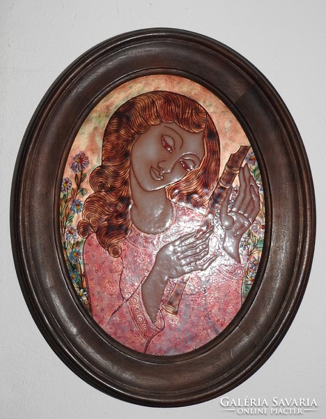 Zsóri Balogh Erzsébet tűzzománc kép - Nő furulyával - ovális keretben