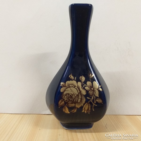 Hóllóháza cobalt blue gold 6-sided porcelain vase.