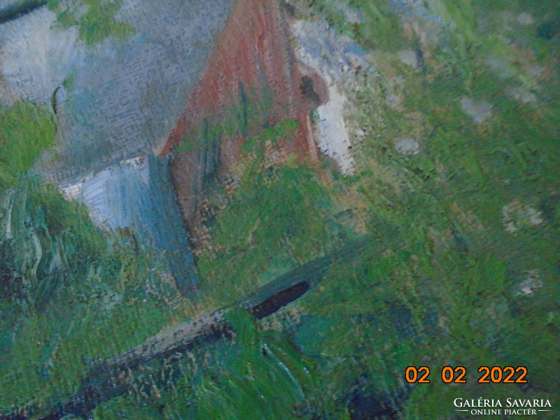 "Ház a fák között napsütésben", impresszionista olaj farost festmény szignóval