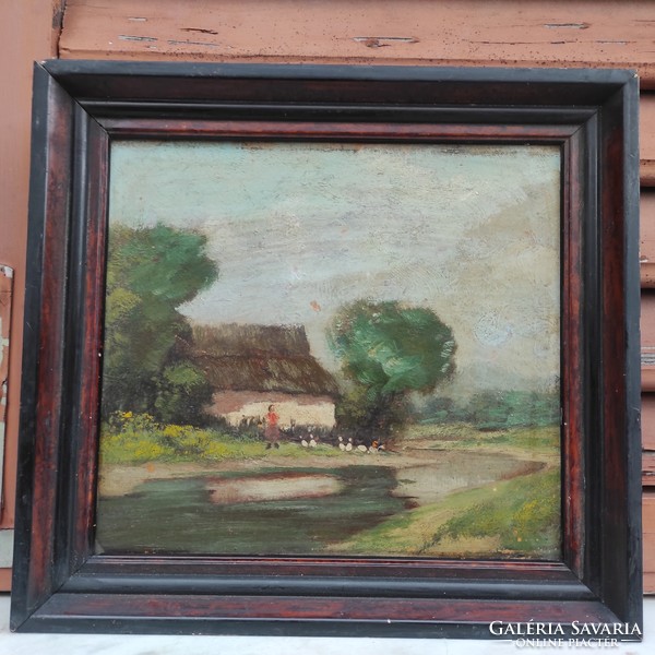 Antique about 100 years old painting, landscape, farm, farm, rural landscape, carpenter Augustine, neograde, baky etc. style picture