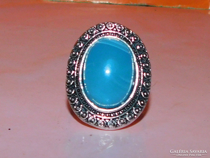 Turquoise blue stony ornate ethnic Tibetan silver ring 7.5