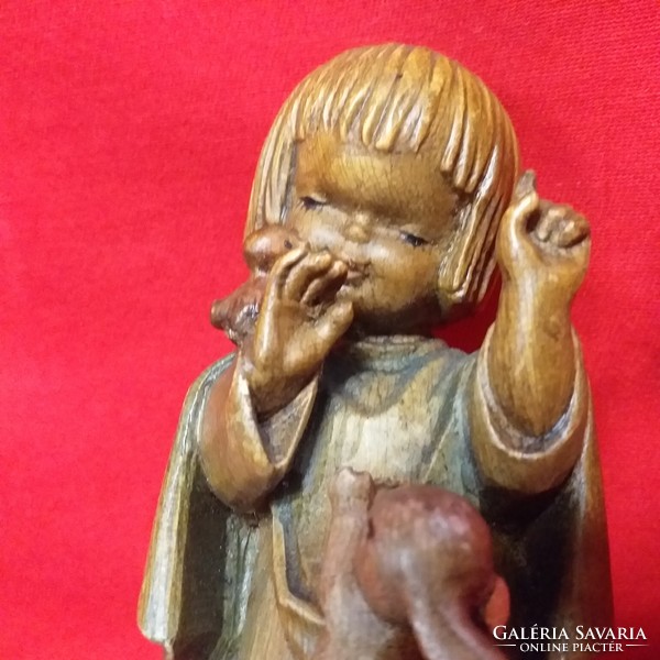 Régi Fa Kislány Nyuszikkal,Kézi Fafaragású Bájos Figura.Jelzett.