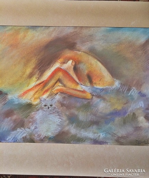Thrower anita: girl with cat, pastel paper, 51x38cm without passe-partout