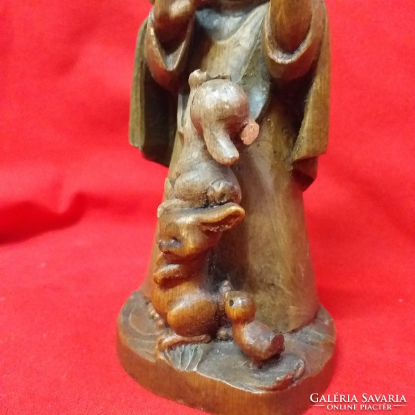 Régi Fa Kislány Nyuszikkal,Kézi Fafaragású Bájos Figura.Jelzett.