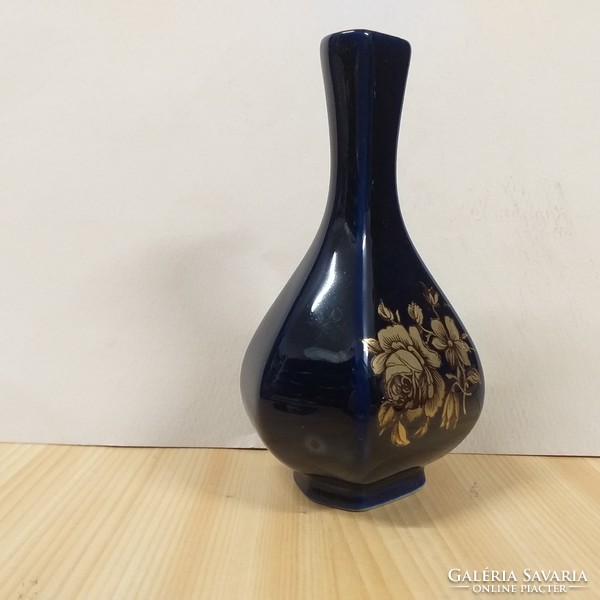 Hóllóháza cobalt blue gold 6-sided porcelain vase.