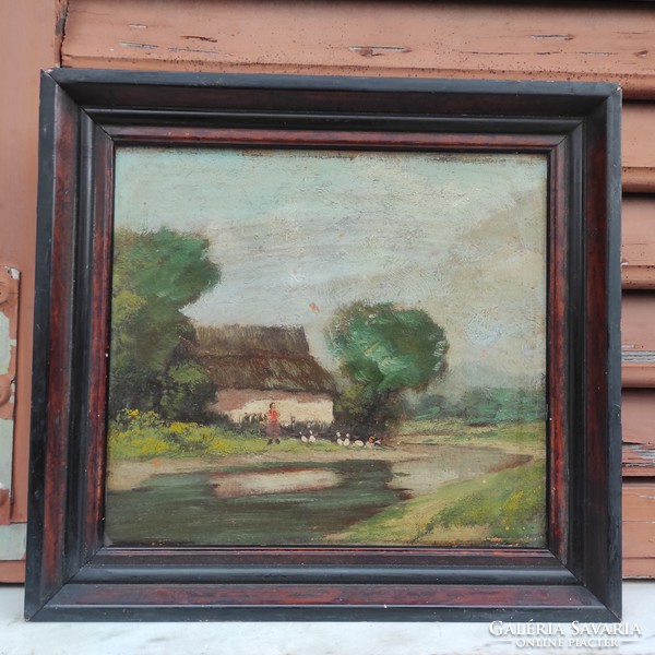 Antique about 100 years old painting, landscape, farm, farm, rural landscape, carpenter Augustine, neograde, baky etc. style picture