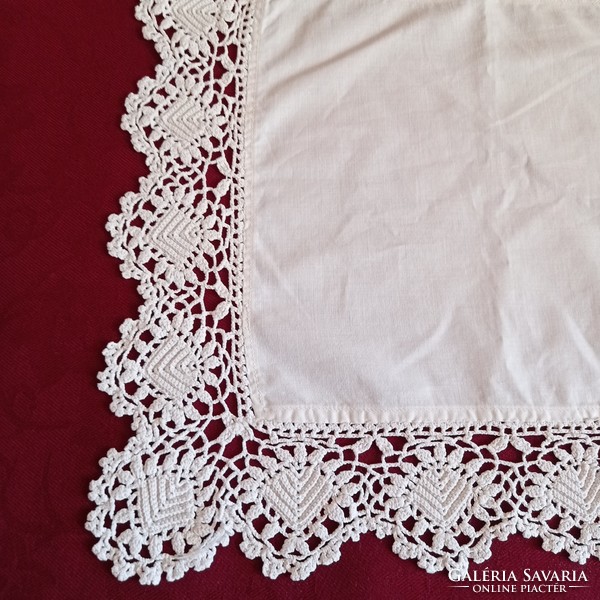 2 white linen tablecloths with lace border,