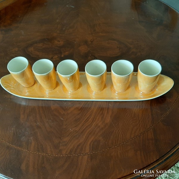 Beautiful orange-peach glossy 6pcs fs porcelain cup on a boat-shaped tray