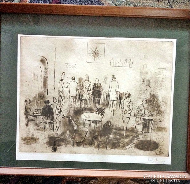 In a café, etching, 52x42 cm frame