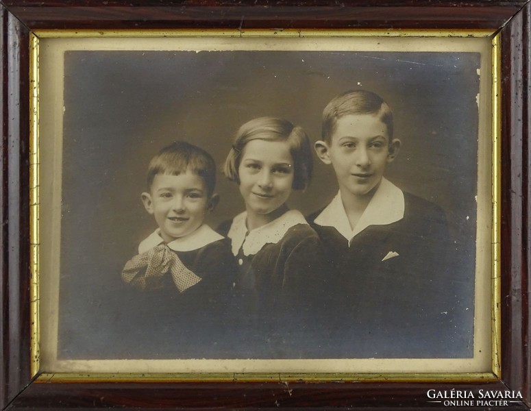 1H771 Antik keretezett gyerek portré testvérek fotográfia 19.5 x 25 cm