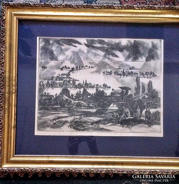 János Pleidell: big Danube flood, etching, 61x53 cm frame