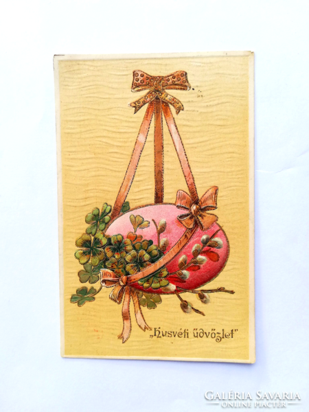 1902-es, húsvéti üdvözlőlap, dombornyomott, aranyozott, négylevelű lóherés.    105.