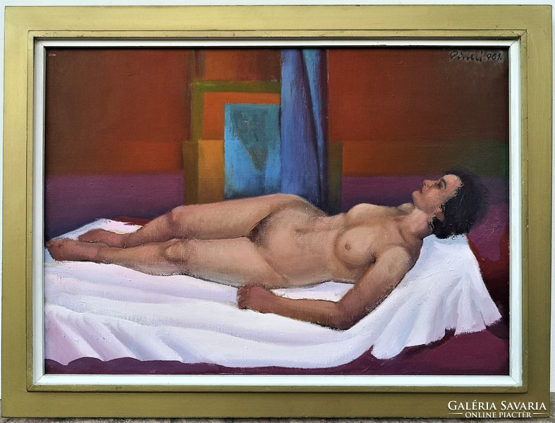 József Pintér (1922 - 2002) lying nude 1961 c. His painting with original guarantee !!
