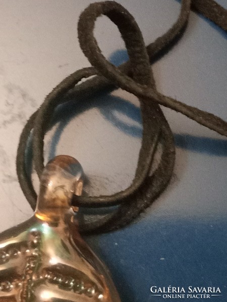 Fabulous 1980s custom made iridescent glass pendant on leather chain