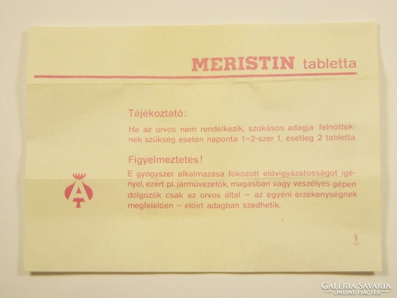 Retro Meristin tabletta papír doboz tájékoztató és üveg - Alkaloida Gyógyszergyár - 1980-as évekből