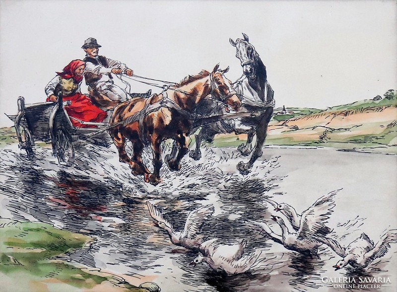 Galloping horse carriage, marked painting