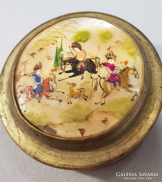 Régi Kínai szelence, púderes doboz, gyöngyházra kézzel festett díszítéssel