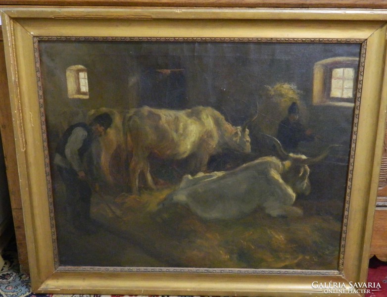 Edvi Illés Aladár (1870 - 1958) Ökrök az istállóban festmény