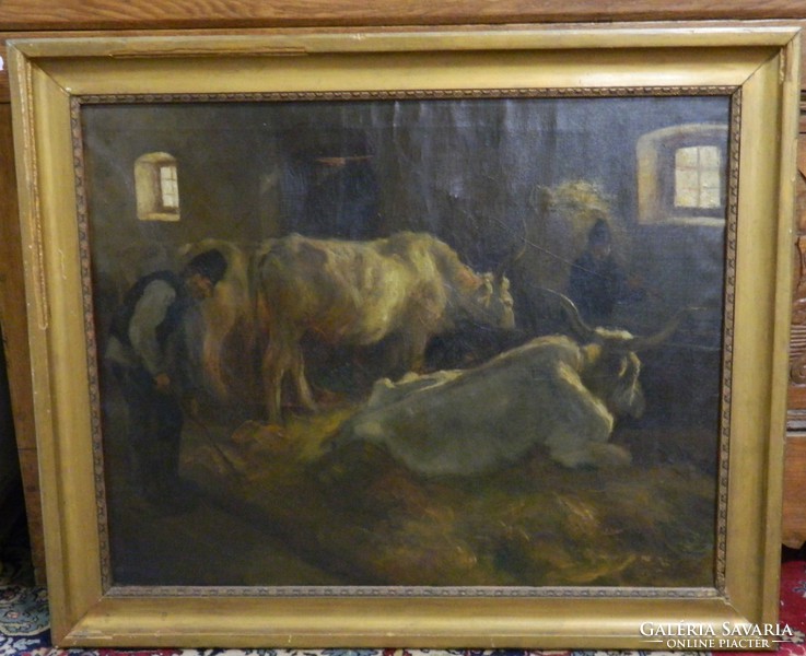Edvi Illés Aladár (1870 - 1958) Ökrök az istállóban festmény