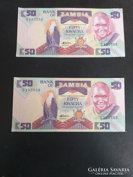 1986-os 50 Kwacha Zambia UNC sorszámkövető pár