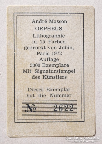 André Masson (1896-1987): Orpheus, 1933-1972 - számozott színes litográfia, 2622/5000 példány