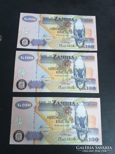 2010-es 100Kwacha Zambia UNC 3 db sorszámkövető pár