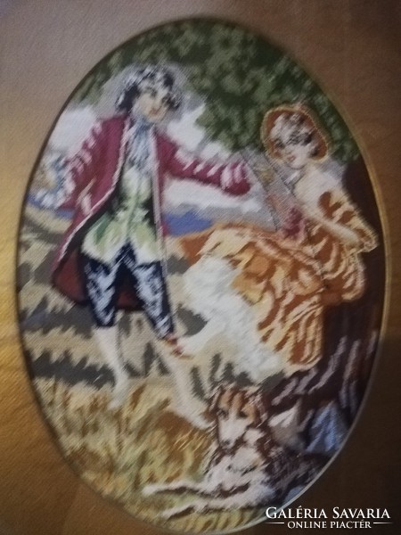 For sale antique Art Nouveau tapestry picture pair of romantic boy, girl in a picture colored bright colors!
