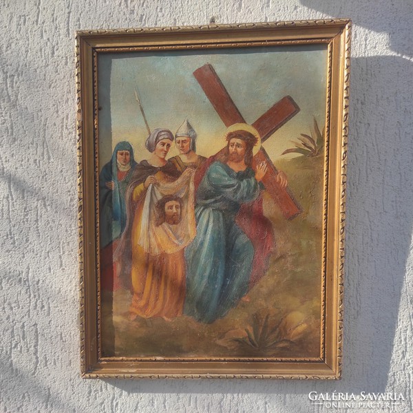 Jézus Krisztus a kereszttel, Torinói leplet tartó hölgy, antik lemez festmény! Római katona, Názáret