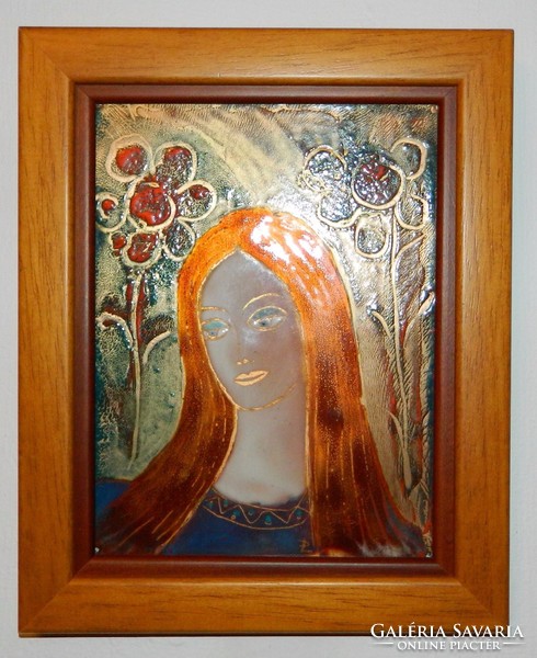 Paula Hernádi marked fire enamel image - golden hair among the flowers
