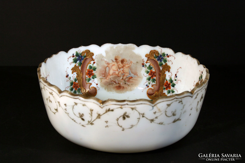 19.Szied Biedermeier Painted Gilded Angelic Chalcedony Glass Bowl Angelic Table Middle Serving Bieder