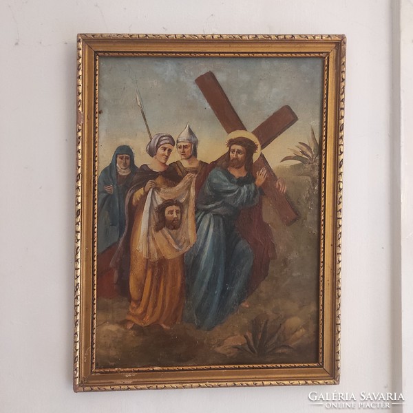 Jézus Krisztus a kereszttel, Torinói leplet tartó hölgy, antik lemez festmény! Római katona, Názáret