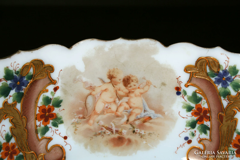 19.sz Biedermeier Festett Aranyozott Angyalos Kalcedon Üveg Tál Angyalkás Asztalközép Kínáló Bieder