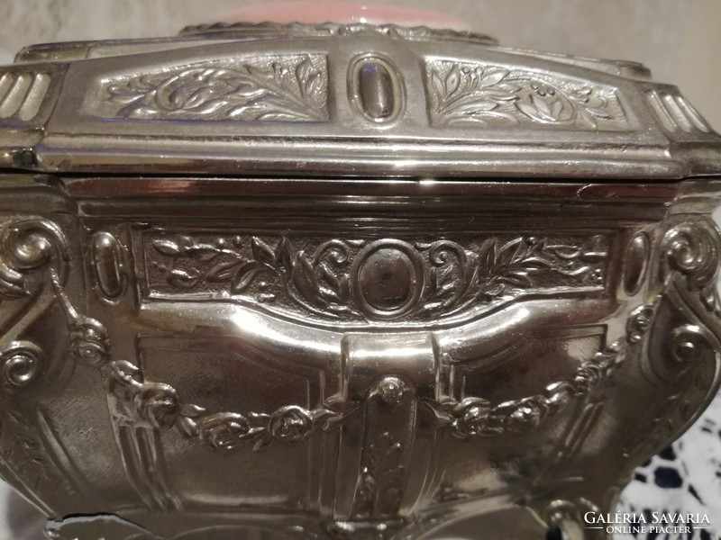 Old metal sugar box for sale in Venice with spectacular porcelain insert!