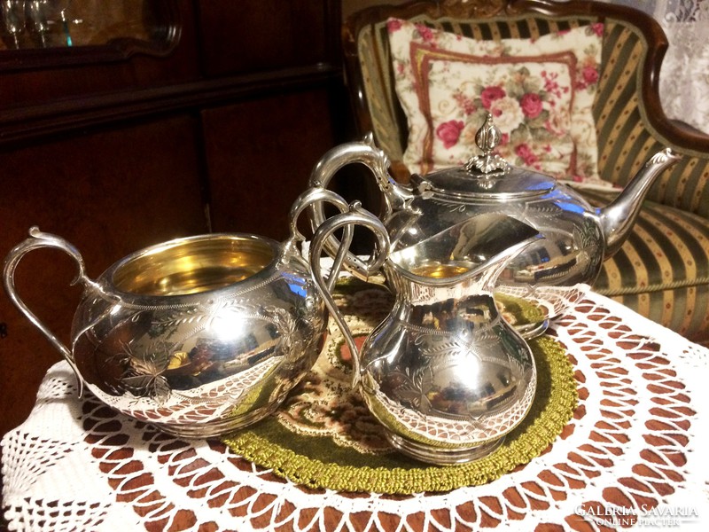 Rare! Special, silver-plated, alpaca, antique, 3-piece, tea-coffee set, with engraved decoration
