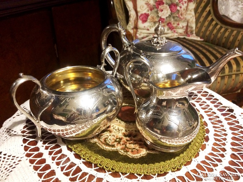 Rare! Special, silver-plated, alpaca, antique, 3-piece, tea-coffee set, with engraved decoration