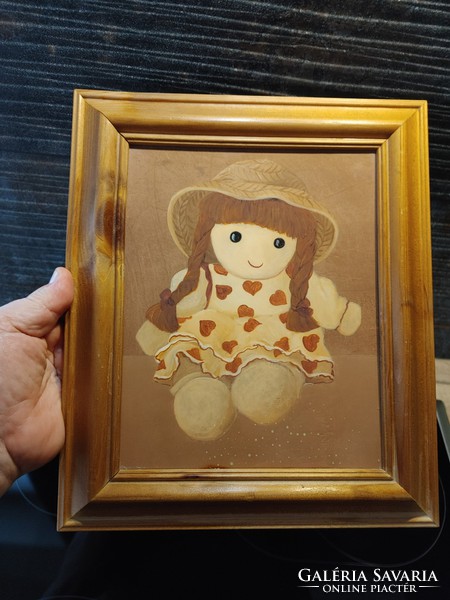 Lens baby little girl in hat wearing heart dress 27 x 32 cm wooden board image