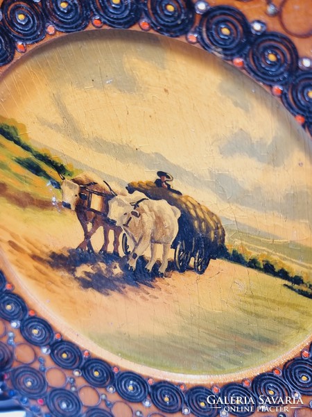 Painted-carved wooden bowl / decorative plate, without marking, in my opinion the work of the Carpathian Basin, xx.Szd