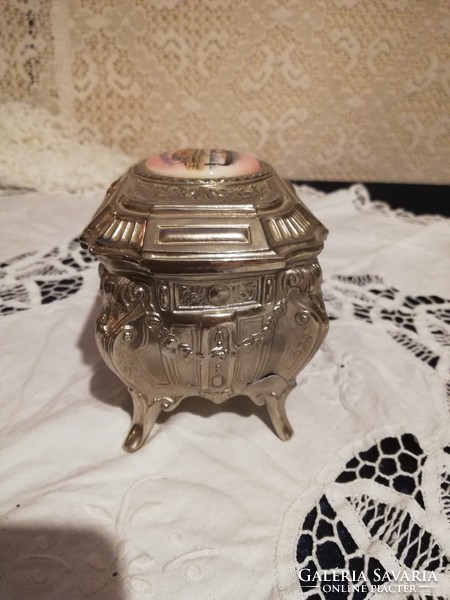 Old metal sugar box for sale in Venice with spectacular porcelain insert!