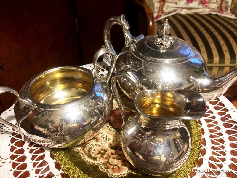 Rare! Special, silver-plated, alpaca, antique, 3-piece, tea-coffee set, with engraved decoration