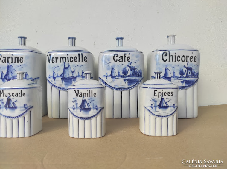 Antique Kitchen Tool Ship Windmill Motif Porcelain Kitchen Spice Set 5149